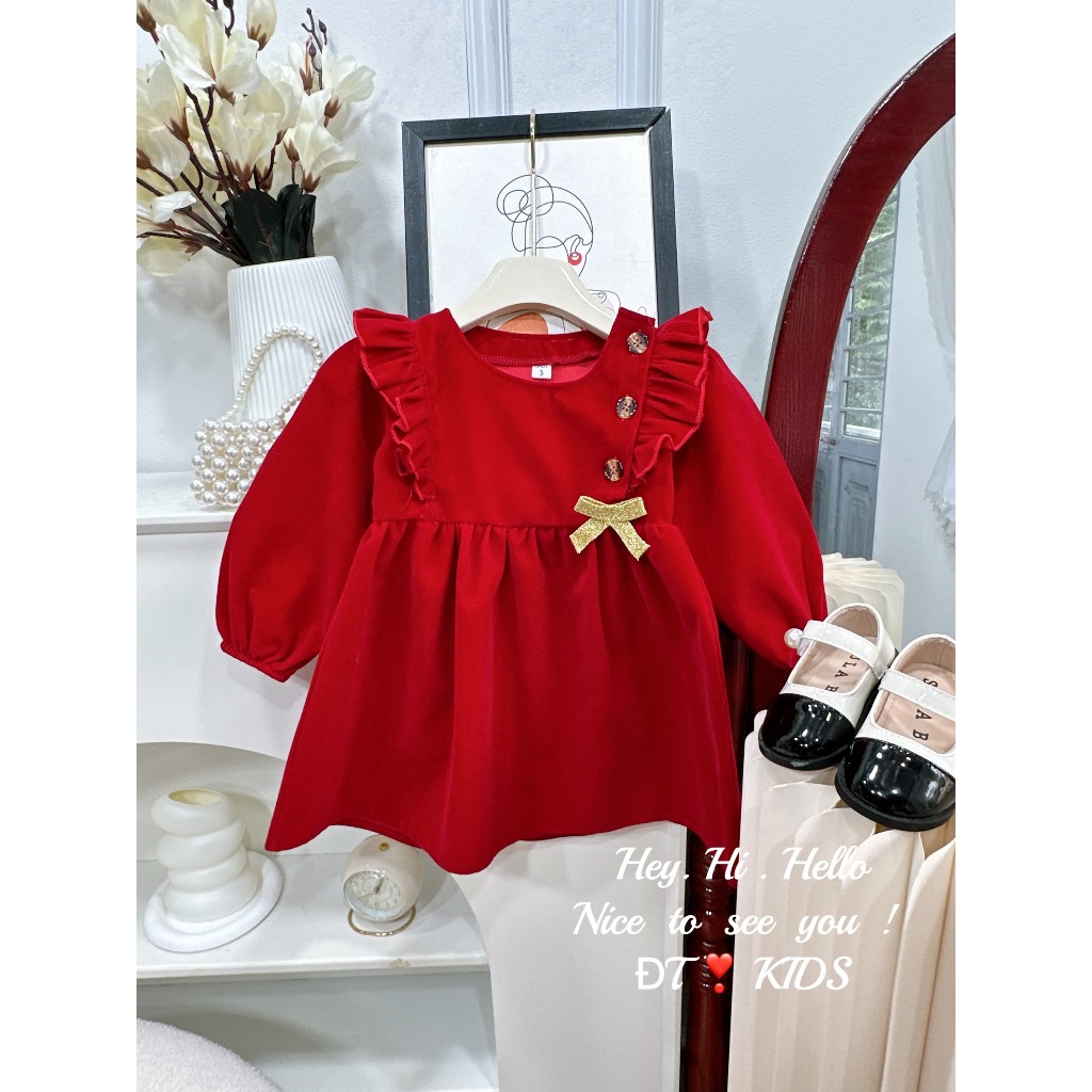Váy bé gái - đầm babydoll nhung đỏ dáng ngắn đính nơ xinh 8-18kg