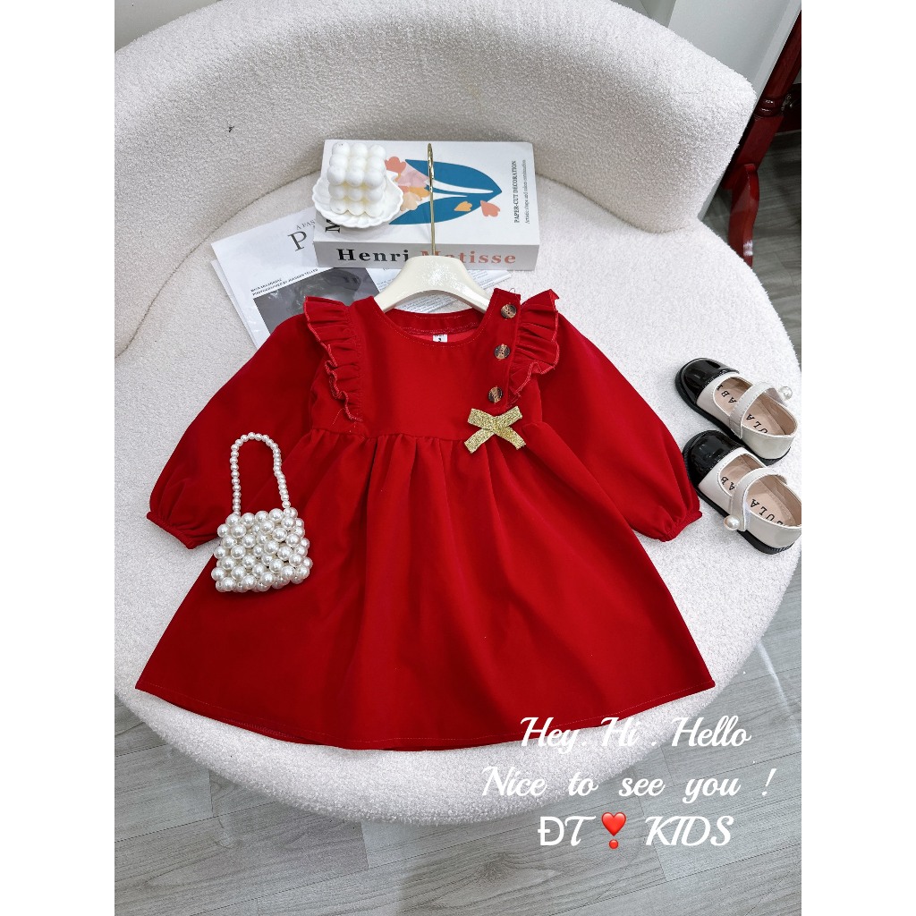 Váy bé gái - đầm babydoll nhung đỏ dáng ngắn đính nơ xinh 8-18kg