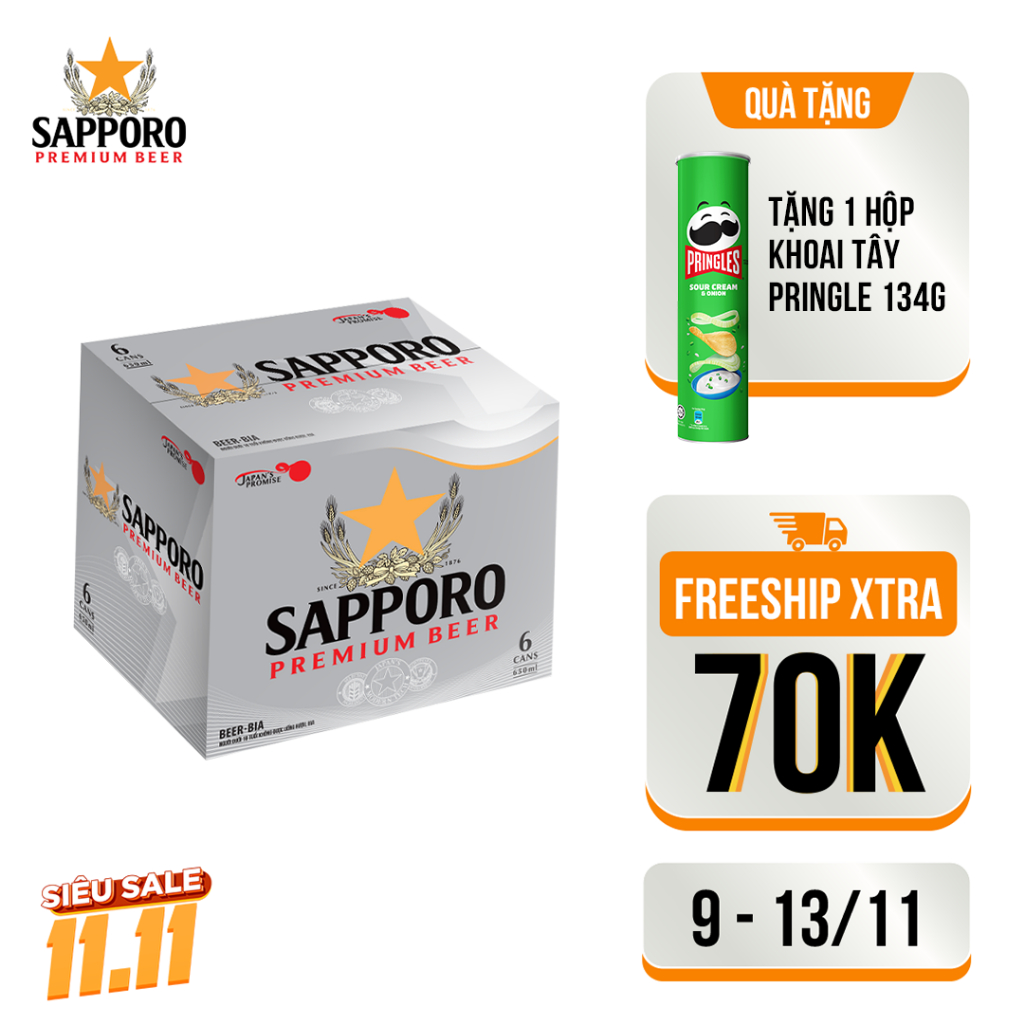 [GIAO HỎA TỐC] Thùng 6 lon bia Sapporo Premium - 650ml/lon