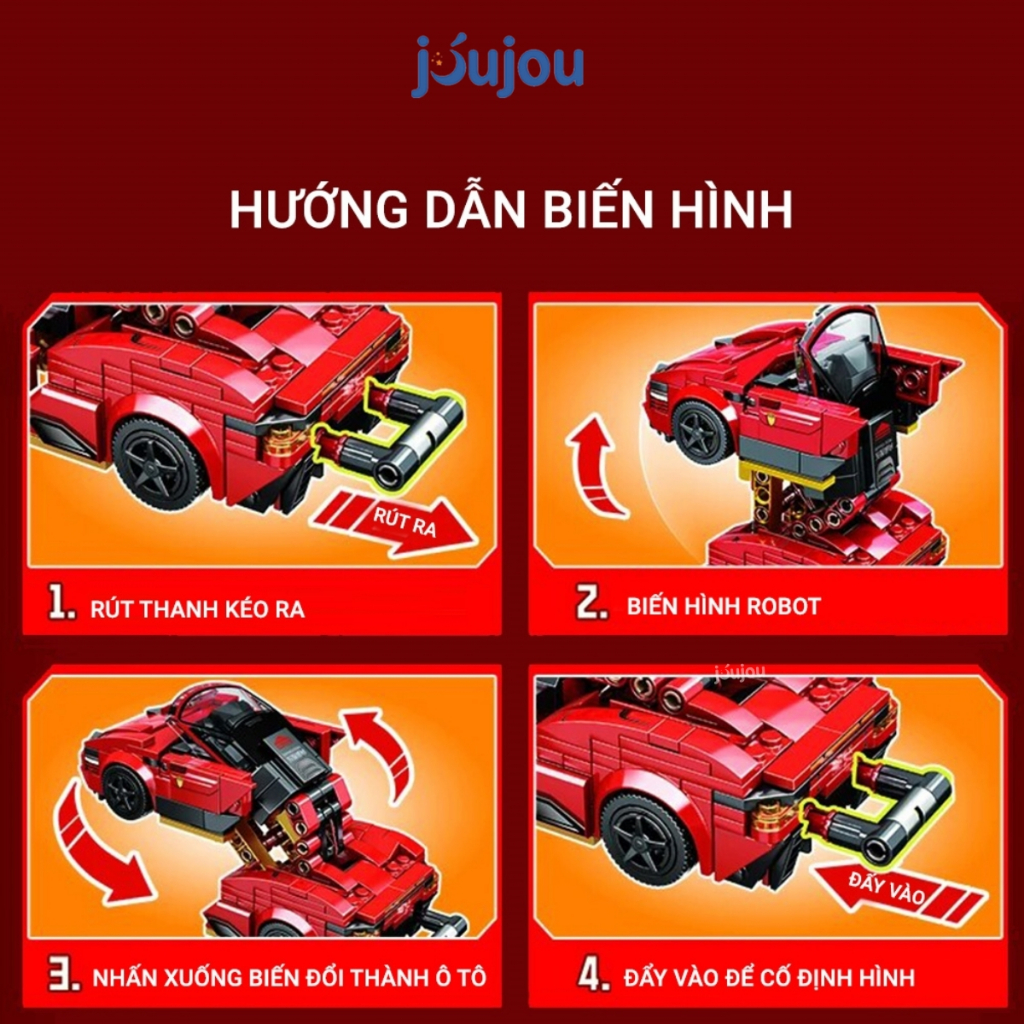 Đồ chơi lắp ráp ô tô biến hình Jujou 3 in 1, 2 kiểu lắp ráp 1 kiểu biến hình đa dạng, chất liệu cao cấp an toàn cho bé