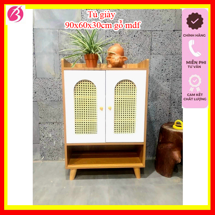 Tủ giày gỗ, tủ để giày dép cánh mây, Kệ để giày thông minh 2 cánh gỗ MDF 90x60x30cm