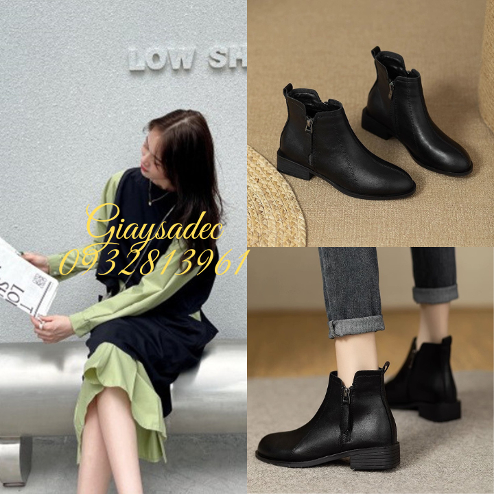 Giày boot cổ ngắn đế 3cm hai dây keo màu đen GB231B
