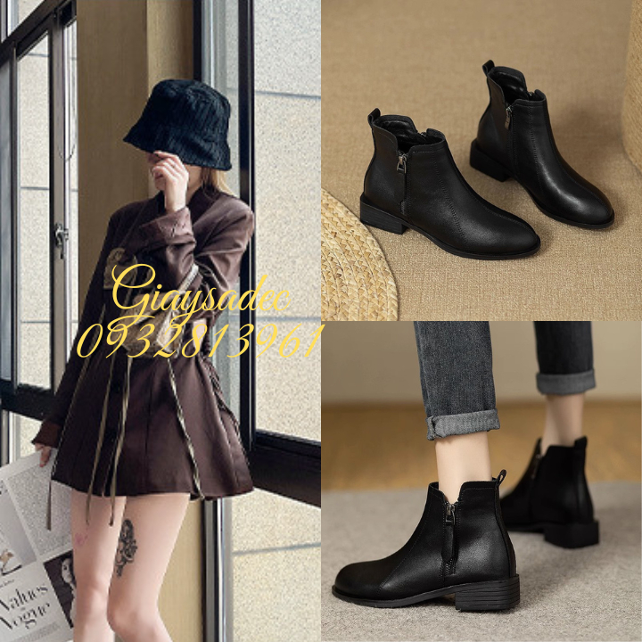 Giày boot cổ ngắn đế 3cm hai dây keo màu đen GB231B
