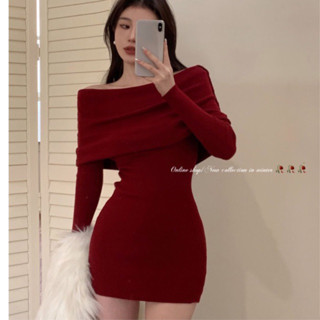 Váy len body trễ vai LOKOSA Váy Dự Tiệc Phong Cách Hàn Quốc Tay Dài Chất Len Màu Đỏ VD007