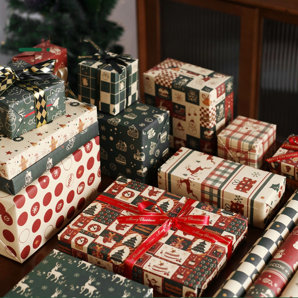 Giấy Kraft Gói Quà Giáng Loại 1 - Họa Tiết Vintage - Giấy Gói Noel Cổ Điển - Kích Thước 70*50 Cm