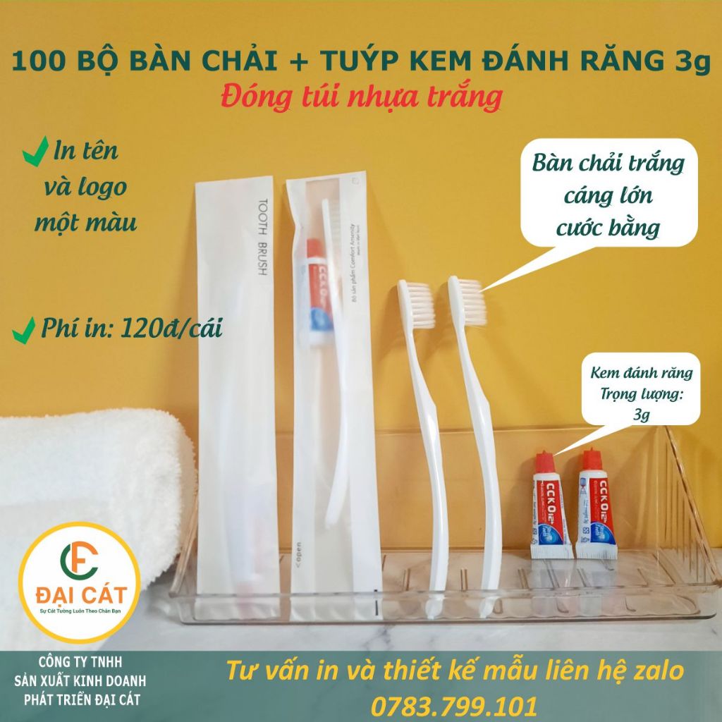 Bàn chải khách sạn - 100 Bộ bàn chải lông tơ mềm và kem ống CC 3 gam dùng cho nhà nghỉ, khách sạn