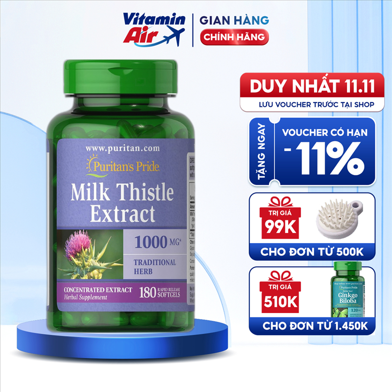 Viên uống mát gan  Puritan's Pride Milk Thistle 1000mg hỗ trợ thải độc, tăng cường chức năng gan 180v của Mỹ