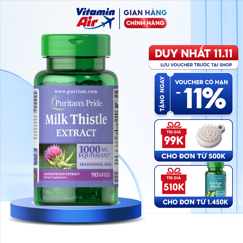 Viên uống tăng cường chức năng gan Puritan's Pride Milk Thistle 1000mg hỗ trợ thải độc, mát gan 90v của Mỹ