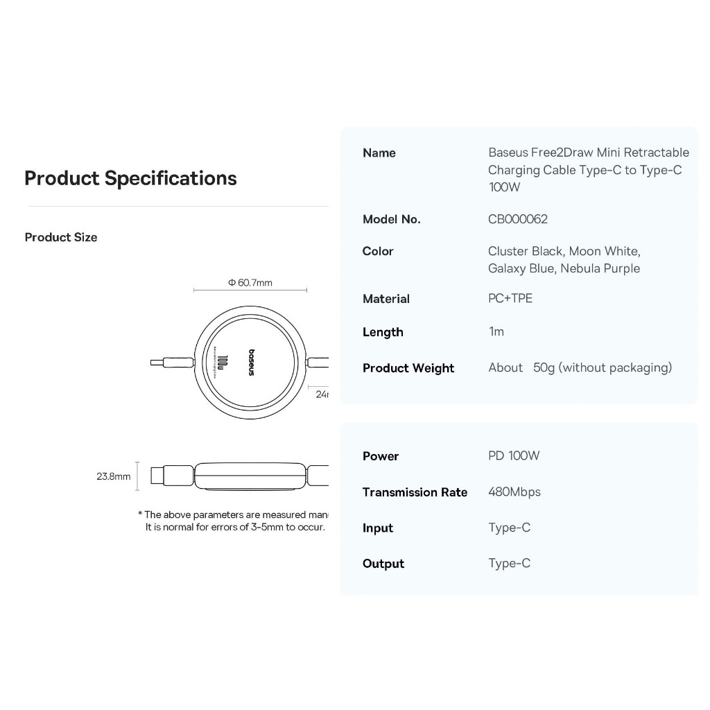Cáp sạc dây rút C to C 100W cho macbook laptop Baseus  Free2Draw Mini Retractable CB000062