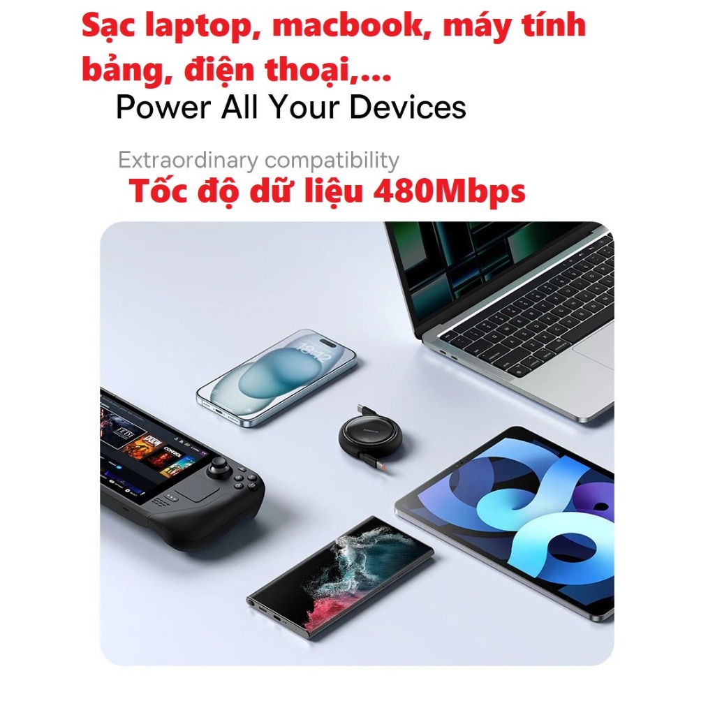 Cáp sạc dây rút C to C 100W cho macbook laptop Baseus  Free2Draw Mini Retractable CB000062