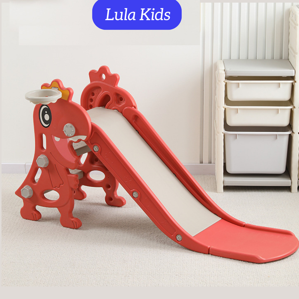 Cầu trượt cho bé hình khủng long Lula kids bằng nhựa an toàn, Có thể gấp gọn, Kết hợp chơi bóng rổ, Đồ chơi trẻ em