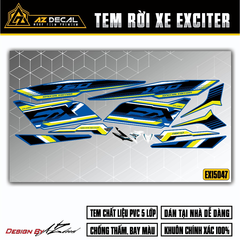 Tem Exciter 150 Thiết Kế Sport | EX15047 | Team Decal Rời Hình Dán Xe Máy Ex150 Xanh Đỏ Đen Trắng Chống Nước Bền Màu