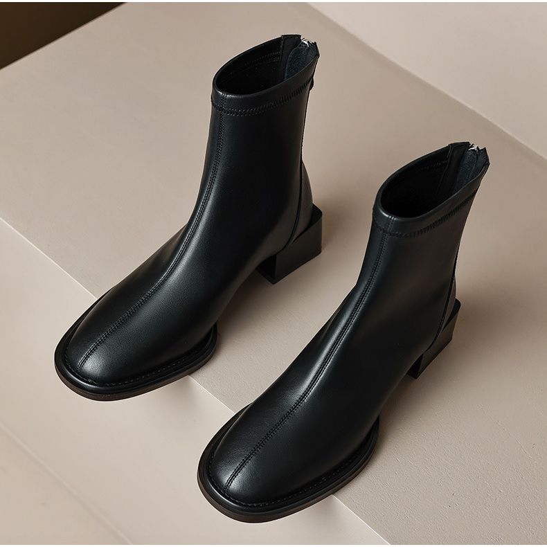 Giày boot nữ cổ ngắn, đế hình vuông thấp 4.5cm, GÓT GIÀY CÓ ĐƯỜNG GÂN cho style SANG CHẢNH GBN14