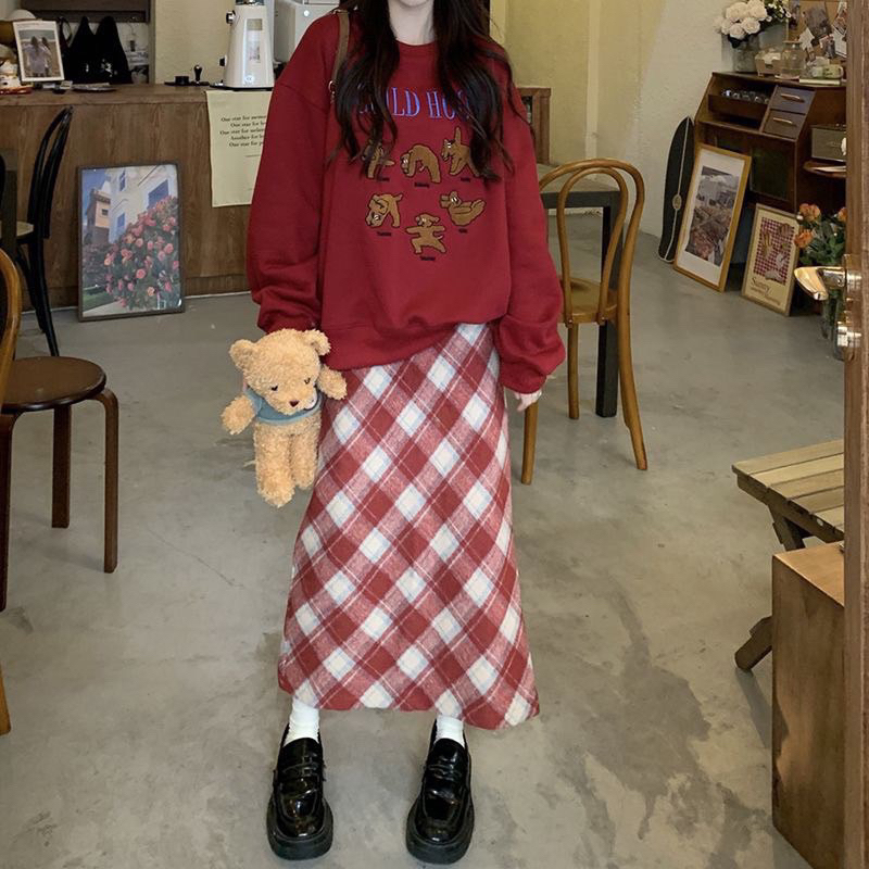 CHÂN VÁY DẠ KẺ CARO DÁNG DÀI XẺ VẠT SAU style Ulzzang