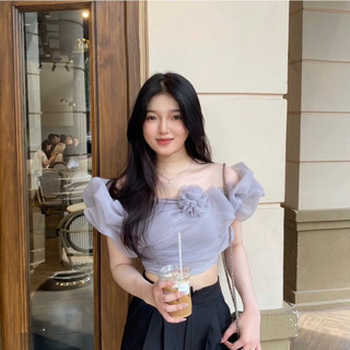 Áo croptop bẹt vai von xoắn dễ thương