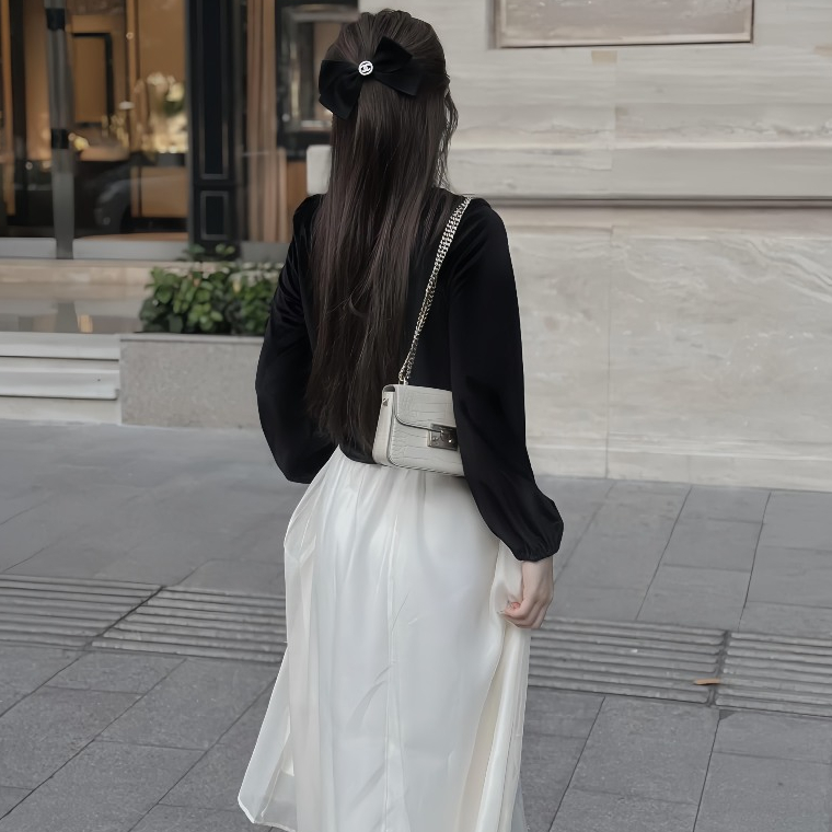 Set Áo Nhung Viền Bèo Cổ Nơ + Chân Váy Voan Dáng Dài 2 Lớp, Set Đầm Tiểu Thư Sang Chảnh