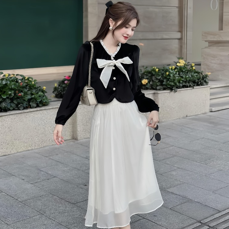 Set Áo Nhung Viền Bèo Cổ Nơ + Chân Váy Voan Dáng Dài 2 Lớp, Set Đầm Tiểu Thư Sang Chảnh