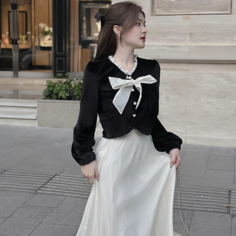 Set Áo Nhung Viền Bèo Cổ Nơ + Chân Váy Voan Dáng Dài 2 Lớp, Set Đầm Tiểu Thư Sang Chảnh