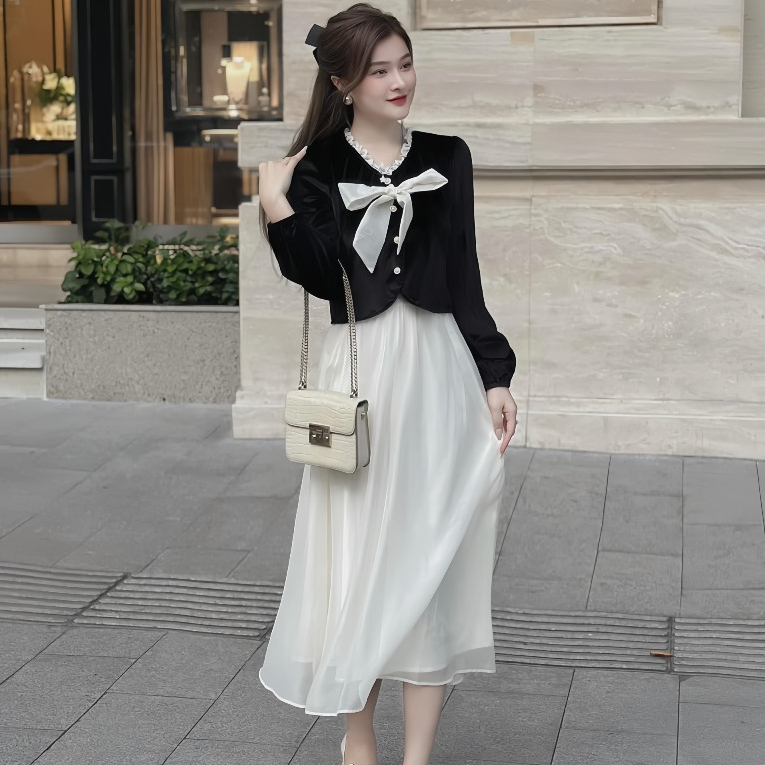 Set Áo Nhung Viền Bèo Cổ Nơ + Chân Váy Voan Dáng Dài 2 Lớp, Set Đầm Tiểu Thư Sang Chảnh