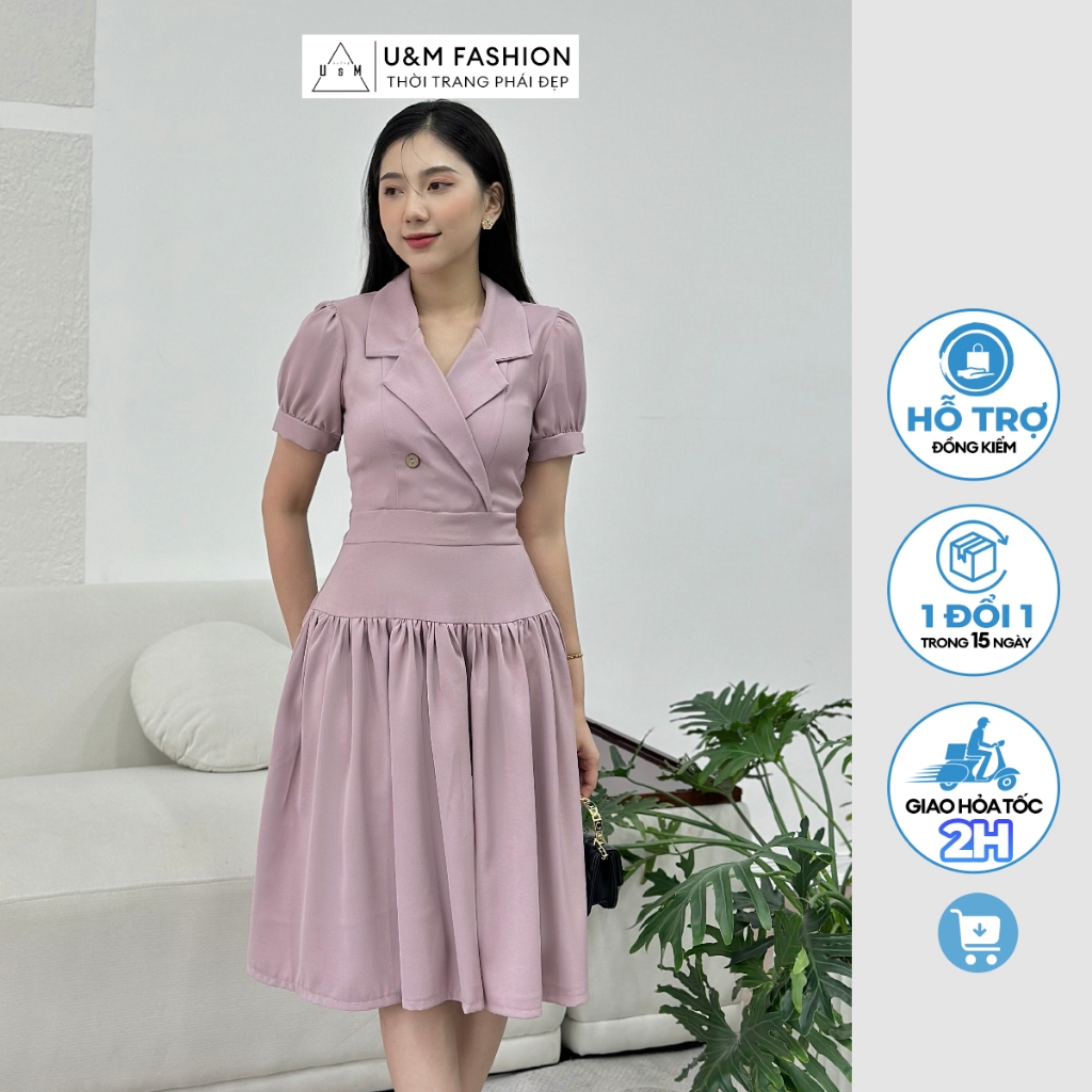Đầm váy công sở phối cổ vest thiết kế dáng váy xòe, tay bồng nhẹ phù hợp mặc đi làm, đi chơi, đi dự tiệc U&M (V750)