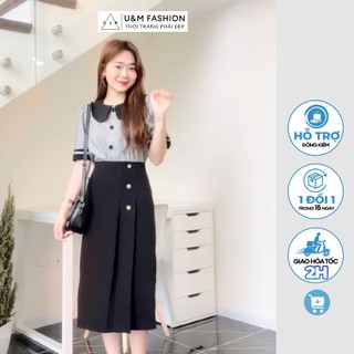 Set chân máy midi đính 3 khuy phối áo sơ mi công sở phối cổ sen chất Mango Hàn không nhăn U&M (CV116+AH38)