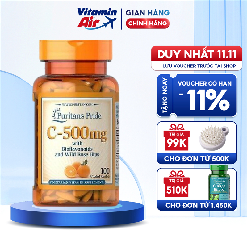 Viên bổ sung Vitamin C-500 mg with Bioflavonoids & Rose Hips, hỗ trợ làm đẹp da, tăng cường hệ miễn dịch