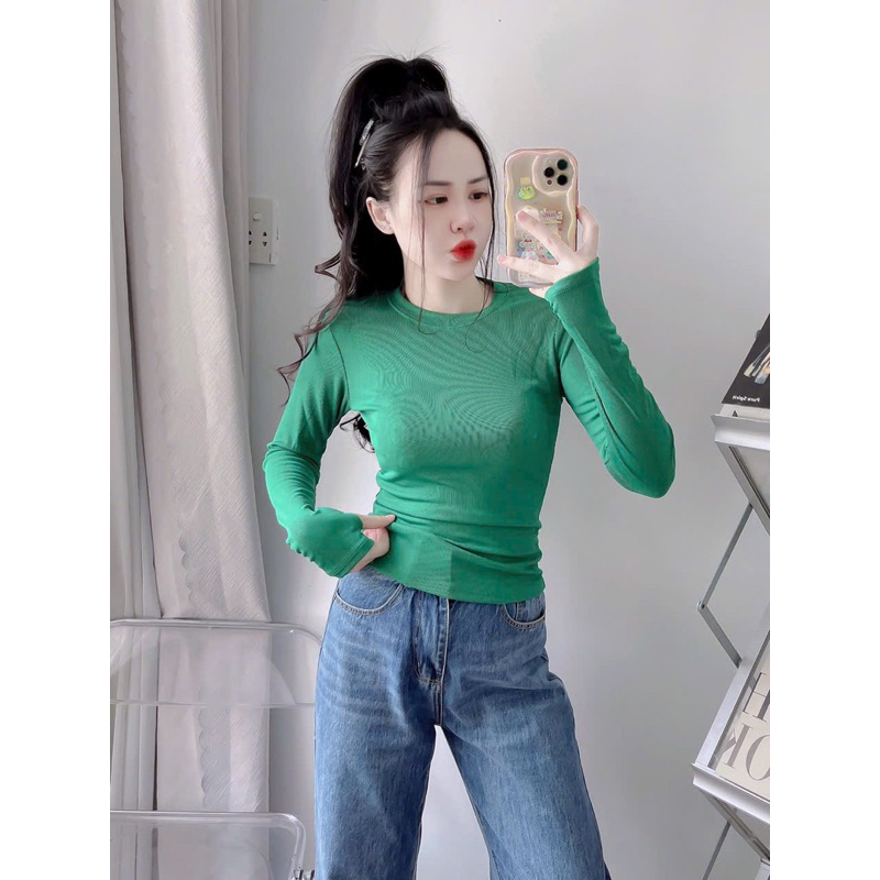 Áo thun gân tăm lụa tay dài form dài thấm hút mồ hôi