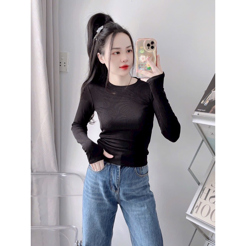 Áo thun gân tăm lụa tay dài form dài thấm hút mồ hôi