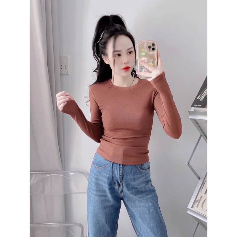 Áo thun gân tăm lụa tay dài form dài thấm hút mồ hôi