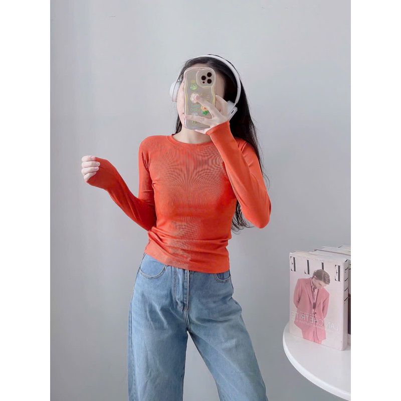 Áo thun gân tăm lụa tay dài form dài thấm hút mồ hôi