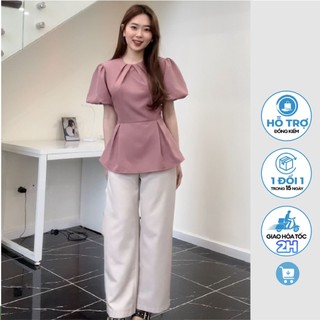 Set công sở áo sơ mi peplum tay phồng phối quần ống suông nữ khóa sau U&M (SM255+Q048) mặc công sở, thanh lịch