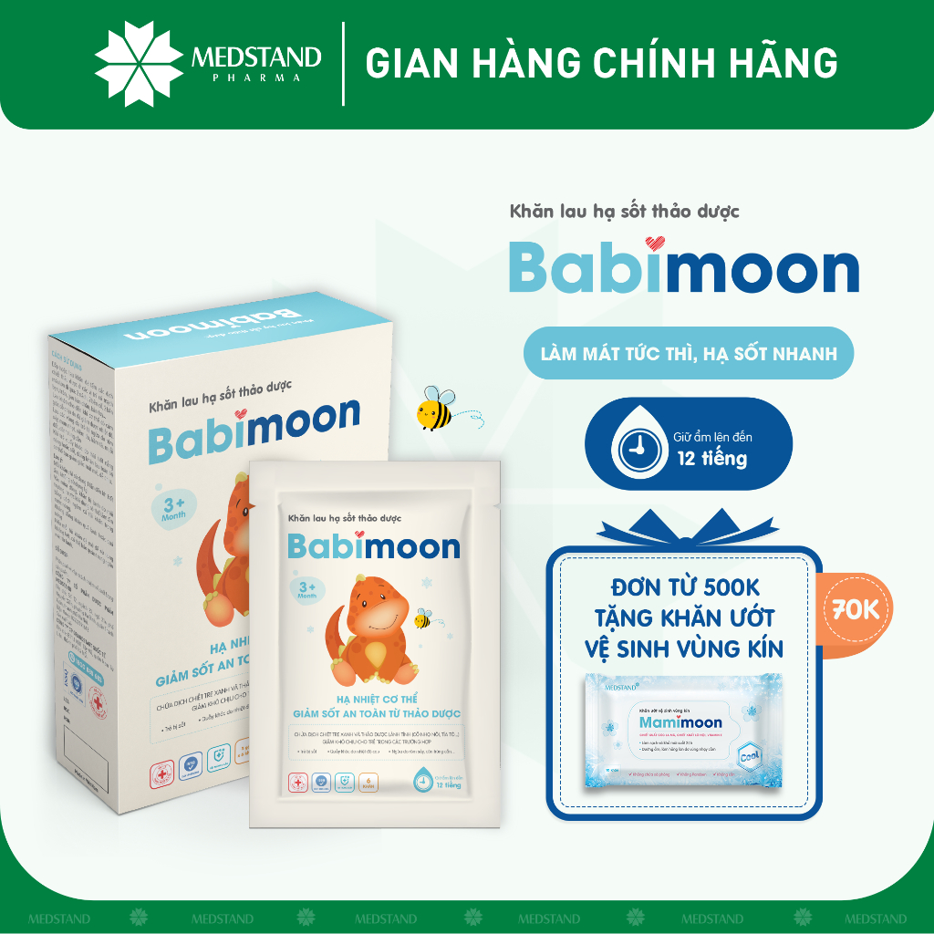 Khăn Lau Hạ Sốt thảo dược, làm mát tức thì, hạ sốt nhanh, an toàn cho bé MEDSTAND Babimoon (Hộp 3 gói X 6 miếng/ gói)