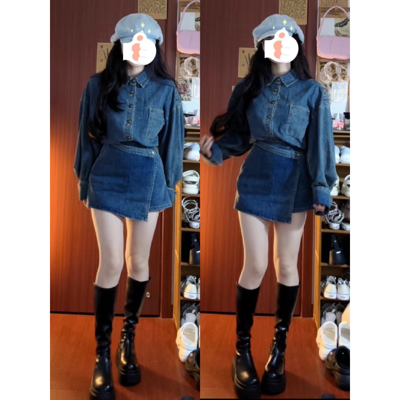 Sét Áo sơ mi + chân váy Jeans mềm hot hit 2023