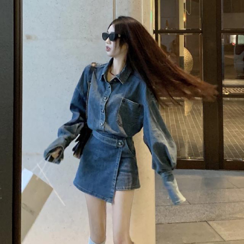 Sét Áo sơ mi + chân váy Jeans mềm hot hit 2023