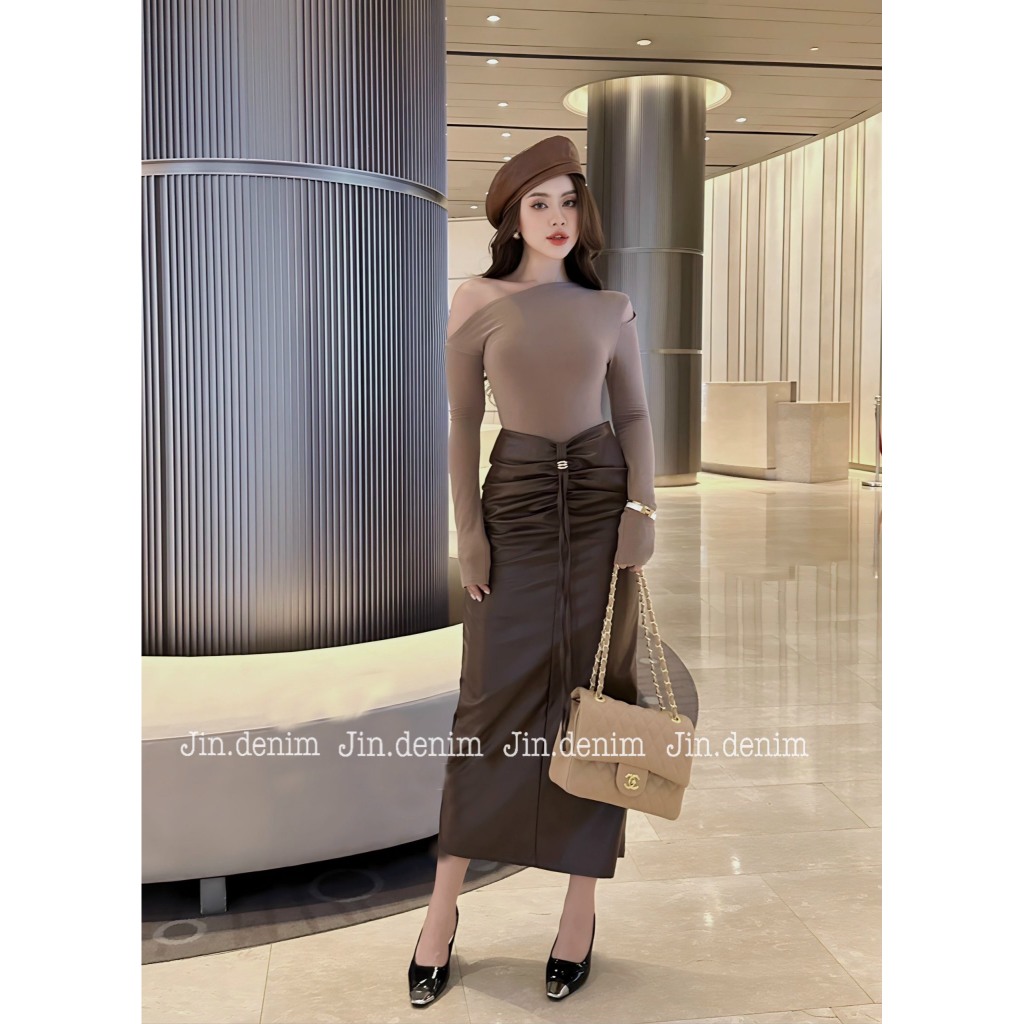 Chân váy da dáng dài, chân váy da bút chì cao cấp thiết kế sang chảnh, đầm da dúm eo dự tiệc, đi sự kiện đám cưới