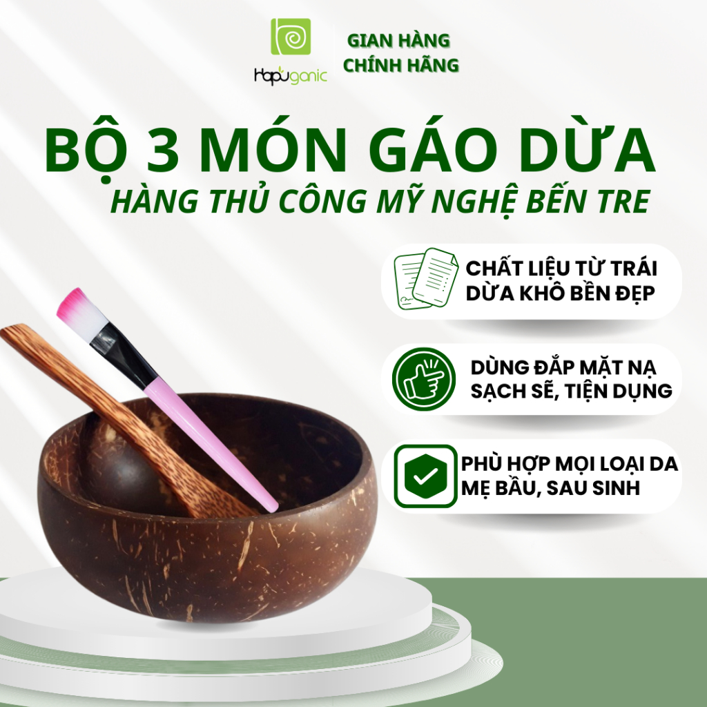 Bộ Chén Cọ Gáo Dừa Bến Tre 3 Món Thủ Công Hapuganic