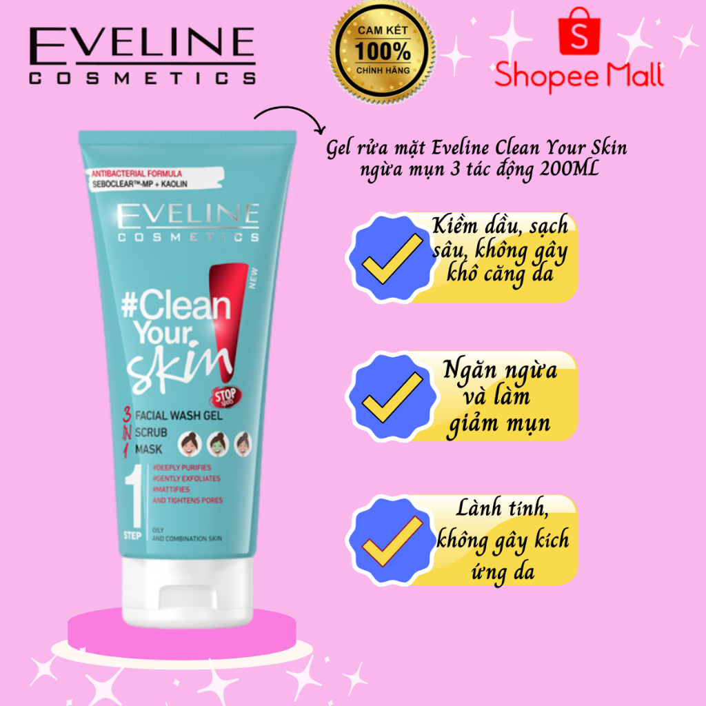 Gel rửa mặt sạch sâu ngừa mụn Eveline 3 trong 1 Clean Your Skin 200ml
