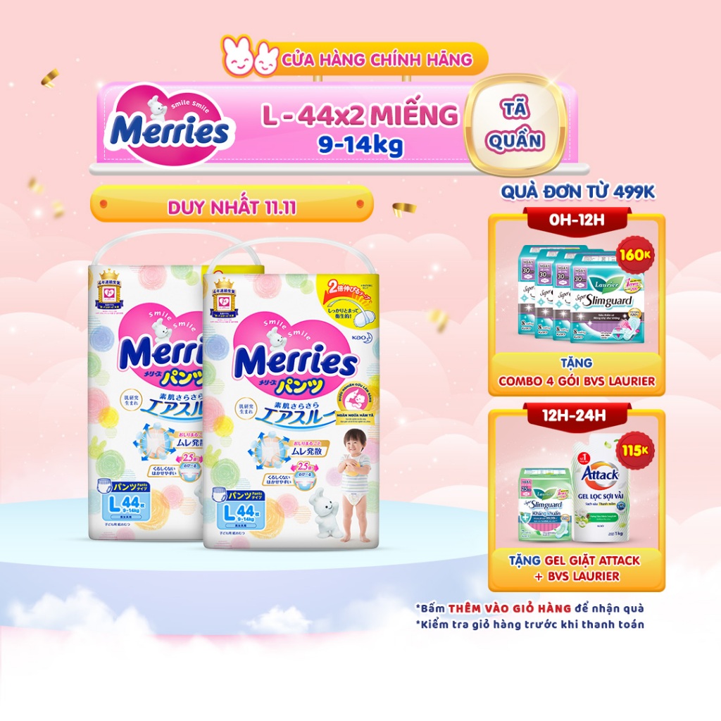 Combo 2 Tã quần Merries size L 44 miếng (Cho bé 9 - 14kg)