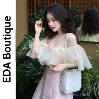 Đầm Nữ Tafta Cúp Ngực Phối Bèo Trễ Vai EDA - Váy Thiết Kế Hồng Mint Dáng Ngắn Xinh Xắn