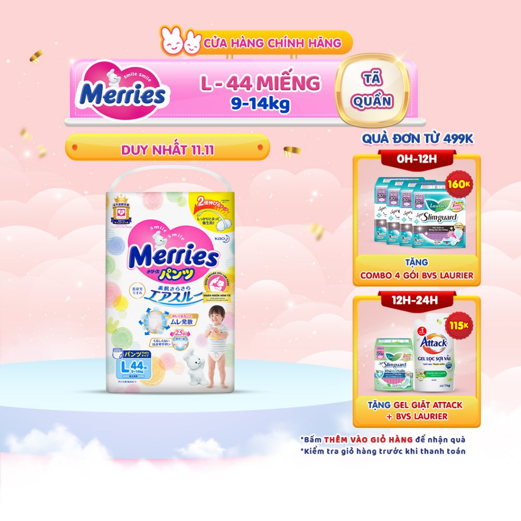 Tã/bỉm quần Merries size L 44 miếng (Cho bé 9-14kg)