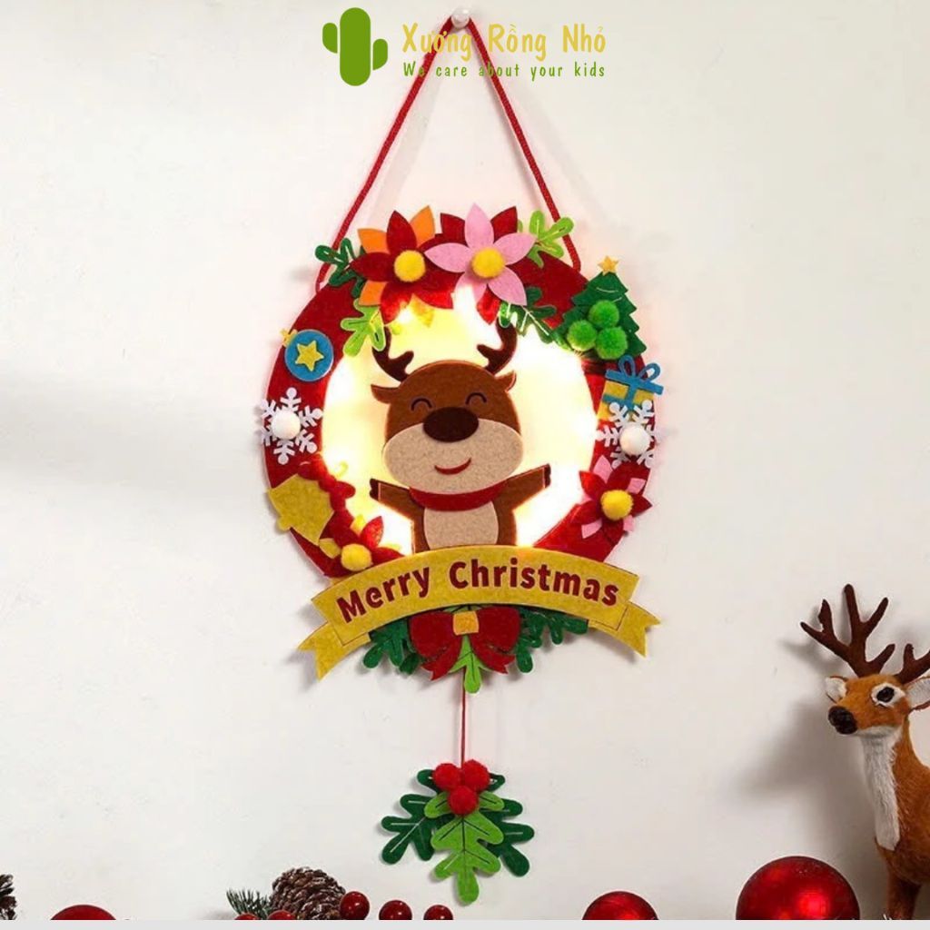 Bộ Vòng  Handmade Treo Cửa Noel Có Đèn Led Trang Trí  Mùa Giáng Sinh Xương Rồng Nhỏ