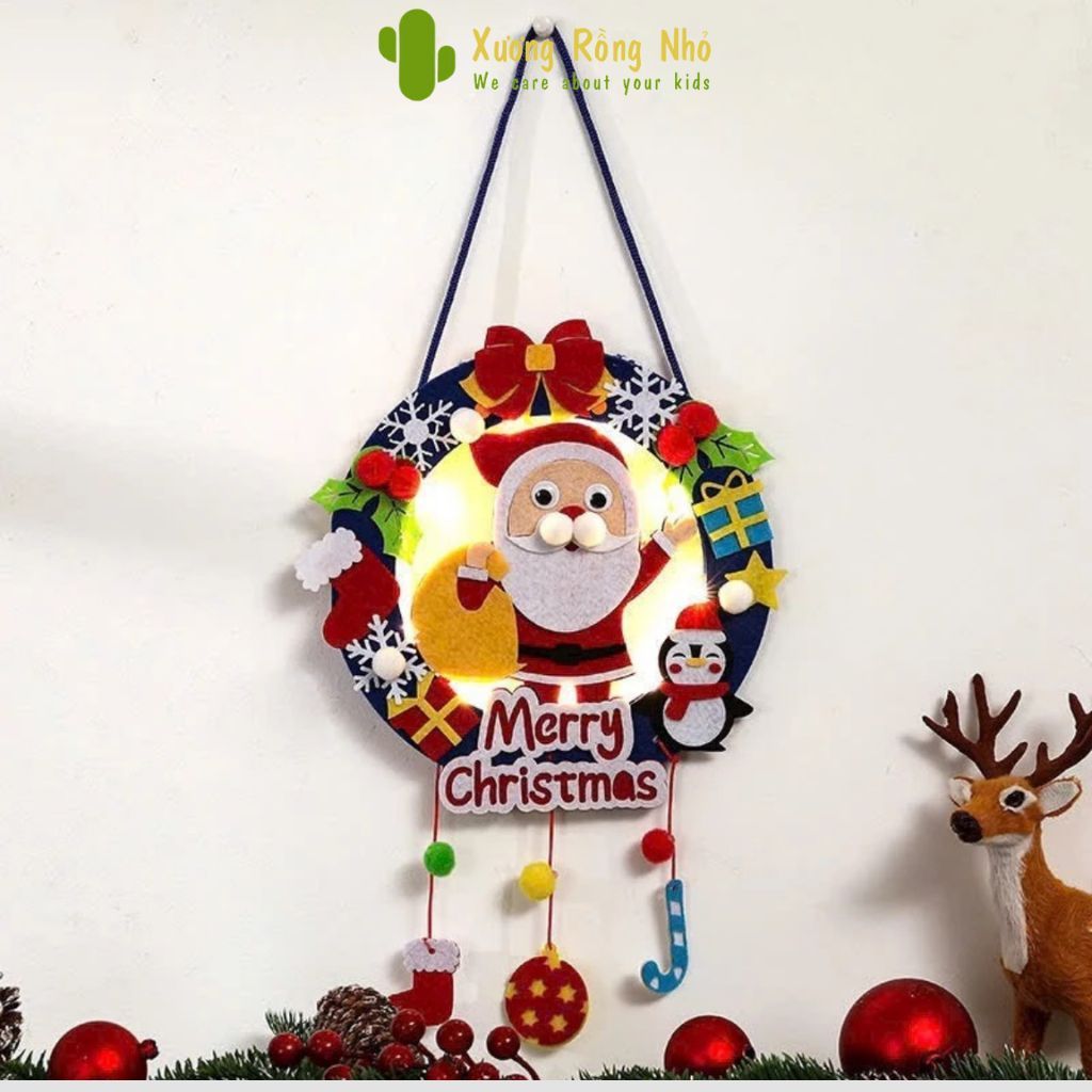 Bộ Vòng  Handmade Treo Cửa Noel Có Đèn Led Trang Trí  Mùa Giáng Sinh Xương Rồng Nhỏ