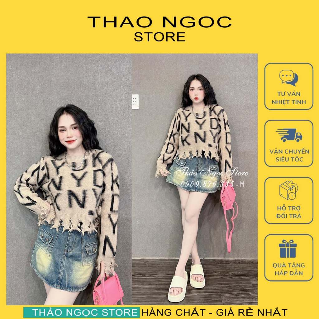 Áo len chữ rách line tay dài hàng nhập!  THẢO NGỌC STORE