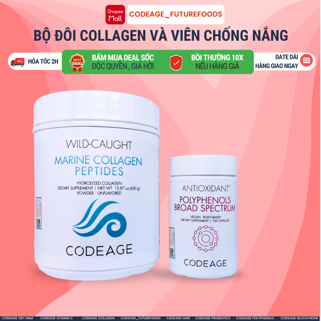 Bộ Đôi Collagen Thủy Phân Và Chống Nắng Codeage CF#6 - Giảm Nếp Nhăn Và Bảo Vệ Da Gồm Collagen Peptides + Polyphenols