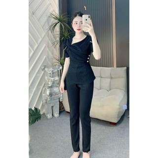 Set thun xốp Nhật tay lỡ quần dài xoắn cổ đính đá điệu đà cho các nàng, freesize 40-60kg