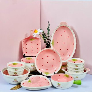 Tách Lẻ Bộ Chén Dĩa Gốm Sứ Cao Cấp Dâu Hồng  GOSUMI Dễ Thương Men Sáng Đẹp Sang Trọng An Toàn