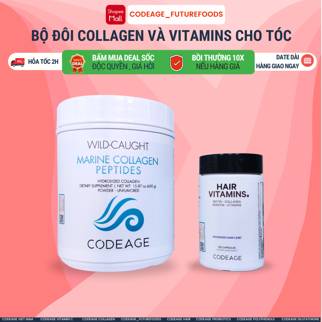 Bộ Đôi Collagen Thủy Phân Và Mọc Tóc Codeage CF#7 - Giảm Nếp Nhăn Và Bảo Vệ Tóc Gồm Collagen Peptides + Vitamin Hair