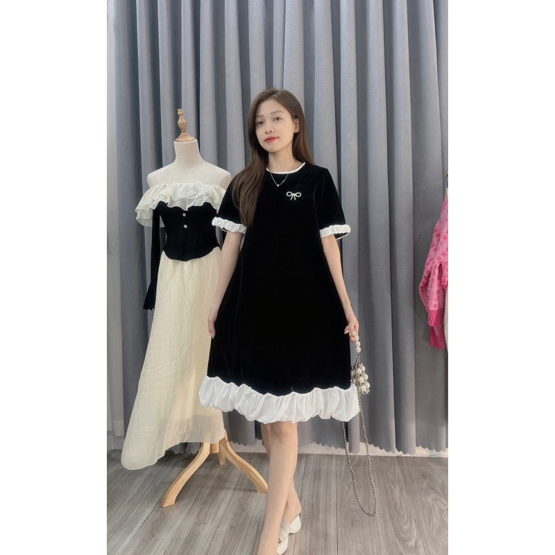 Bigsize Đầm nhung đen suông phối bèo trắng 55-95kg