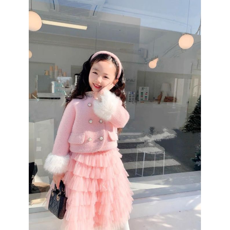 Set  áo dạ chân váy tầng xinh xắn bé gái