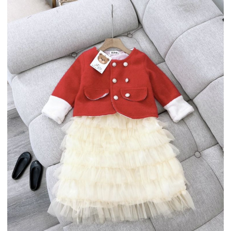 Set  áo dạ chân váy tầng xinh xắn bé gái